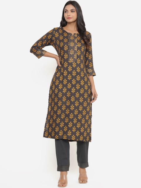 

Do Dhaage Women Grey Ethnic Motifs Printed Thread Work Kurta with Trousers