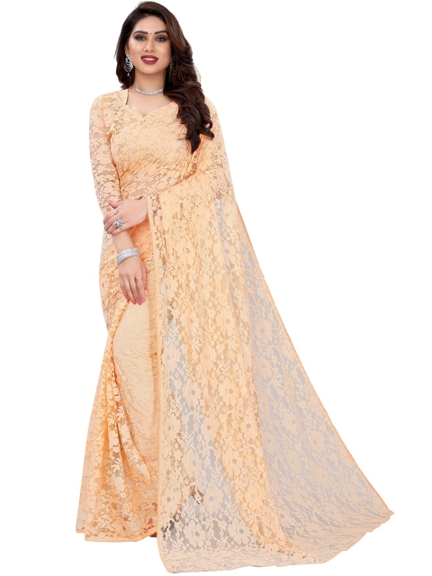 

KALINI Peach-Coloured Floral Net Saree