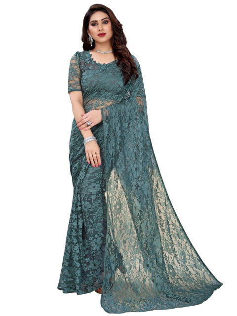 

KALINI Teal Net Saree with Blouse Piece
