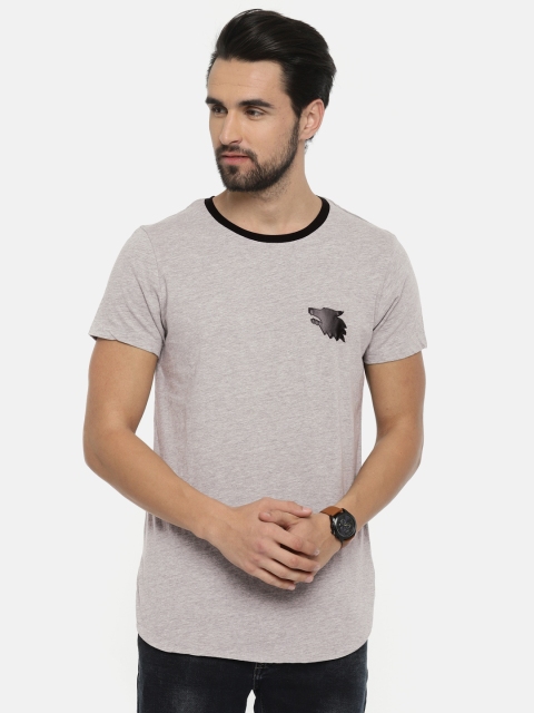 

MR BUTTON Men Grey Melange Applique Detail Round Neck T-shirt