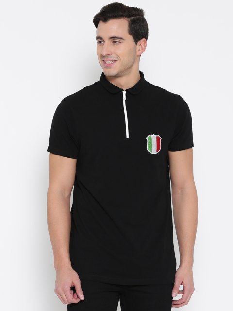 

MR BUTTON Men Black Applique Detail Polo Collar T-shirt