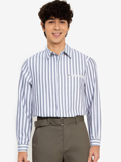 

ZALORA BASICS Men Blue & White Striped Pure Cotton Casual Shirt
