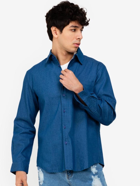 

ZALORA BASICS Men Navy Blue Chambray Patch Pocket Casual Shirt
