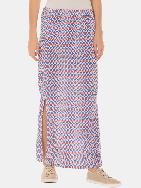 

Sugr Women White & Blue Printed Straight Maxi-Skirt