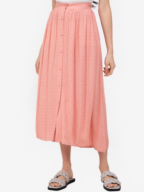 

ZALORA BASICS Women Pink Self Design Button Front Flared Midi Skirt