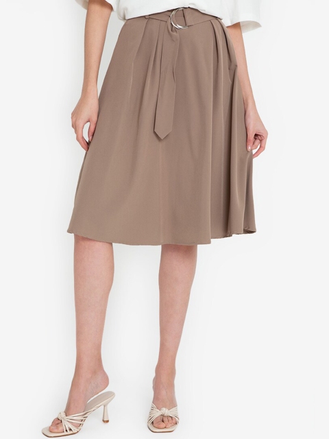 

D-Ring Buckle Pleated Skirt, Brown