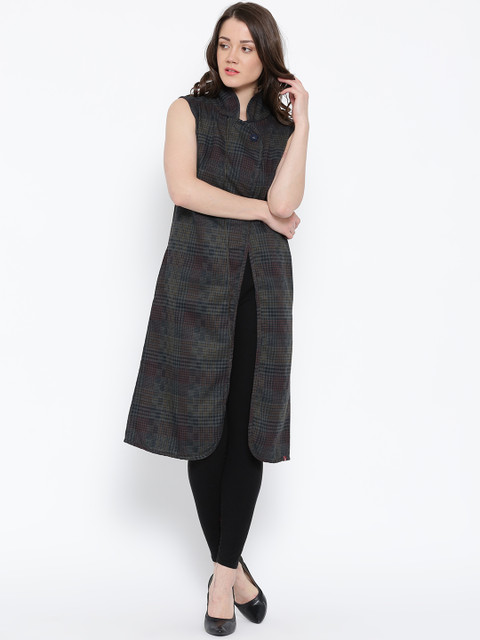 

Biba Women Grey Melange & Brown Longline Duster Jacket