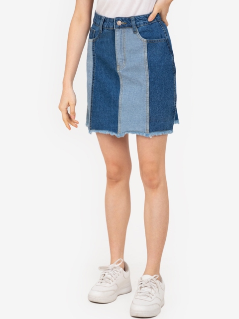 

ZALORA BASICS Blue Striped Raw Hem Denim Skirt