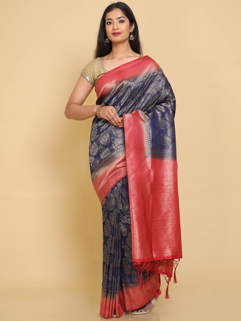 

Kalamandir Blue & Red Woven Design Zari Silk Blend Banarasi Saree