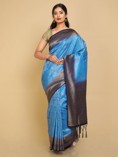 

Kalamandir Blue & Gold-Toned Woven Design Zari Silk Blend Banarasi Saree