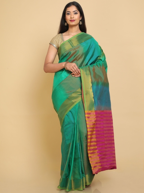 

Kalamandir Green & Pink Ikat Printed Zari Silk Blend Uppada Saree