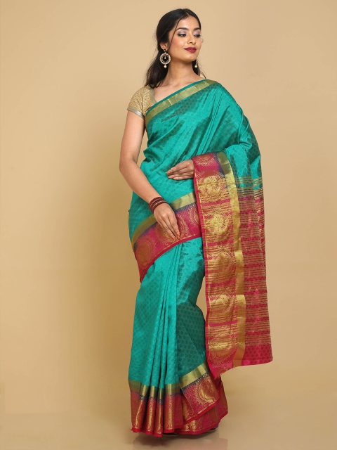 

Kalamandir Green & Pink Ethnic Motifs Zari Banarasi Saree