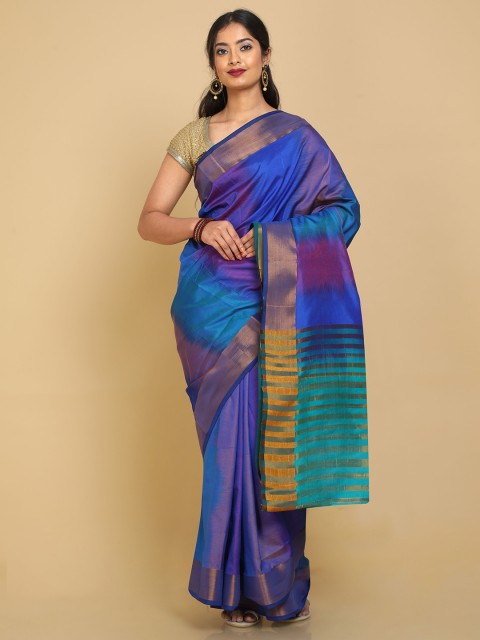 

Kalamandir Blue & Pink Ikkat Printed Zari Silk Blend Uppada Saree