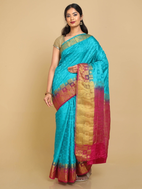 

Kalamandir Blue & Magenta Checked Zari Banarasi Saree