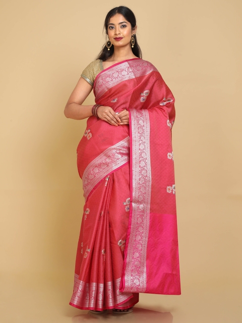 

Kalamandir Coral & Silver-Toned Woven Design Zari Silk Blend Banarasi Saree