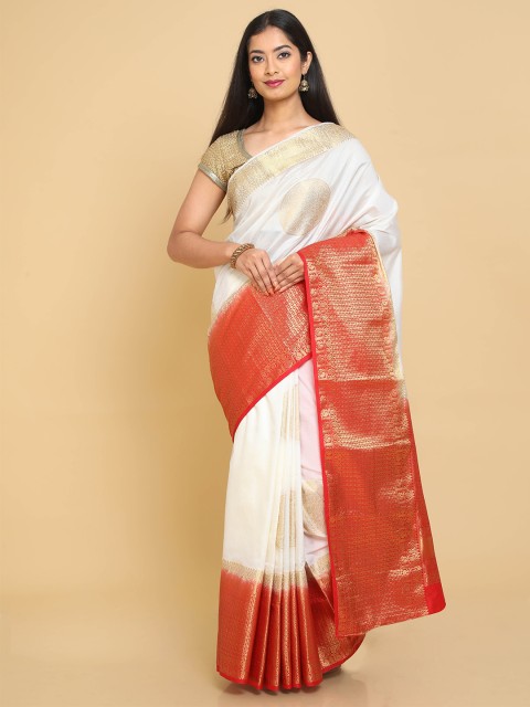 

Kalamandir White & Red Ethnic Motifs Zari Silk Blend Banarasi Saree