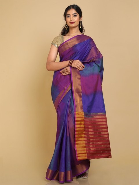 

Kalamandir Blue & Violet Ikkat Printed Zari Silk Blend Uppada Saree