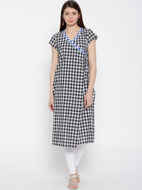 

Drama Sisters Women Black Handloom Checked Angrakha Kurta