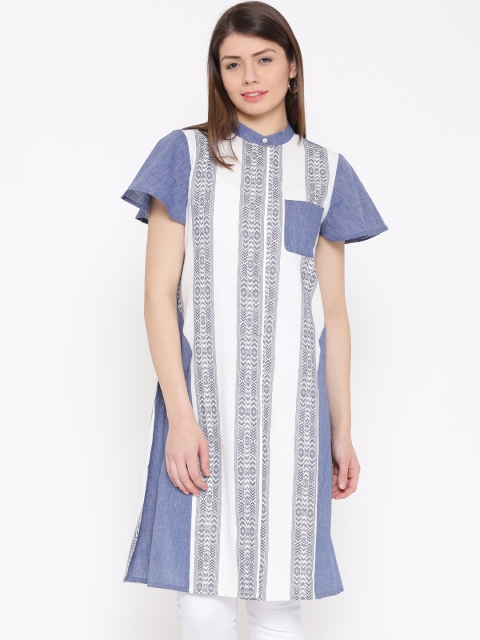 

Drama Sisters Women White & Blue Handloom Striped Straight Kurta