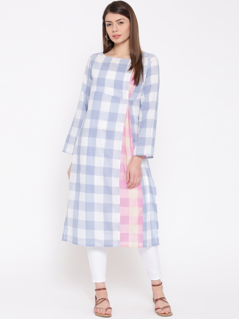 

Drama Sisters Women Blue & White Handblock Checked Straight Kurta