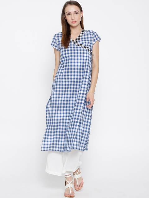 

Drama Sisters Women Blue Handloom Checked Angrakha Kurta