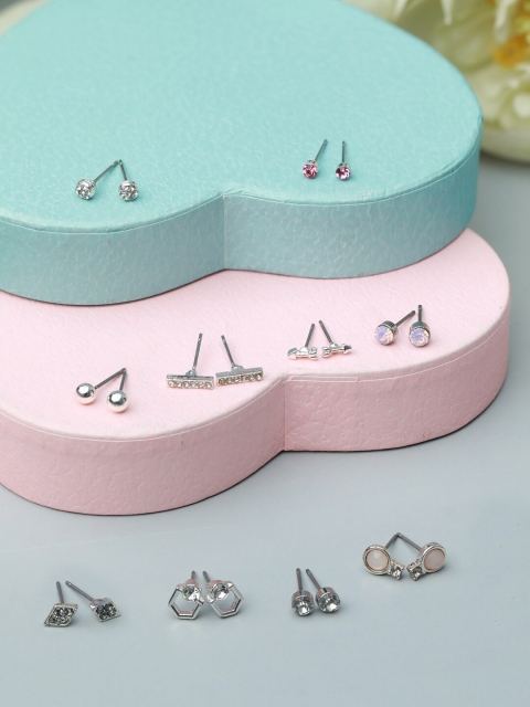 

PRITA Silver-Toned Set of 10 Contemporary Studs Earrings
