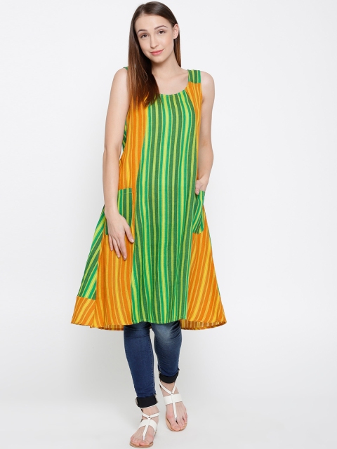 

Drama Sisters Women Green Handloom Striped A-Line Kurta