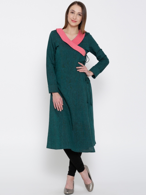 

Drama Sisters Women Teal Green Solid Angrakha Kurta