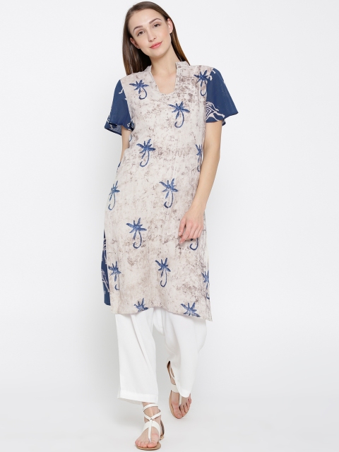 

Drama Sisters Women Beige & Navy Handloom Printed Straight Kurta