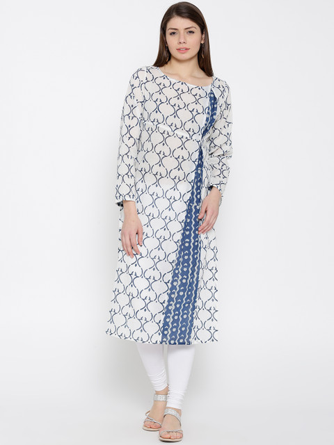 

Drama Sisters Women White Printed Straight Kurta