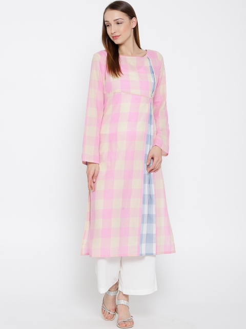 

Drama Sisters Women Pink Checked Straight Kurta