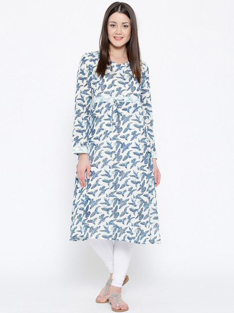 

Drama Sisters Women White & Blue Handblock Print A-Line Kurta