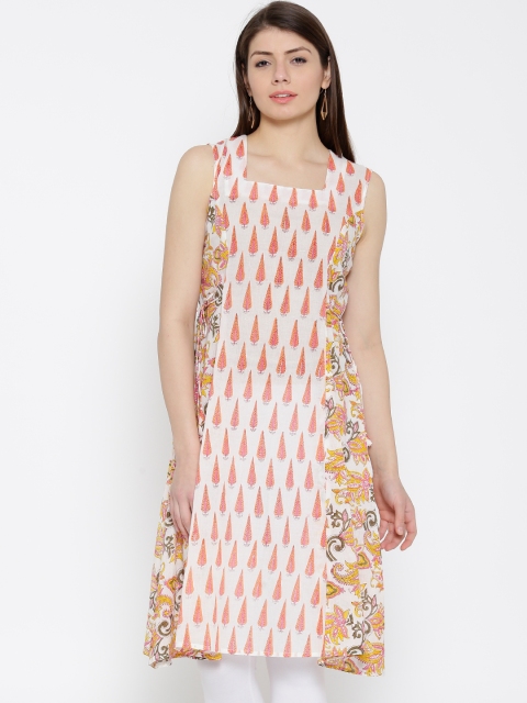 

Drama Sisters Women White & Pink Handblock Print A-Line Kurta