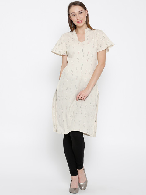 

Drama Sisters Women Cream-Coloured Handloom Self-Woven Straight Kurta