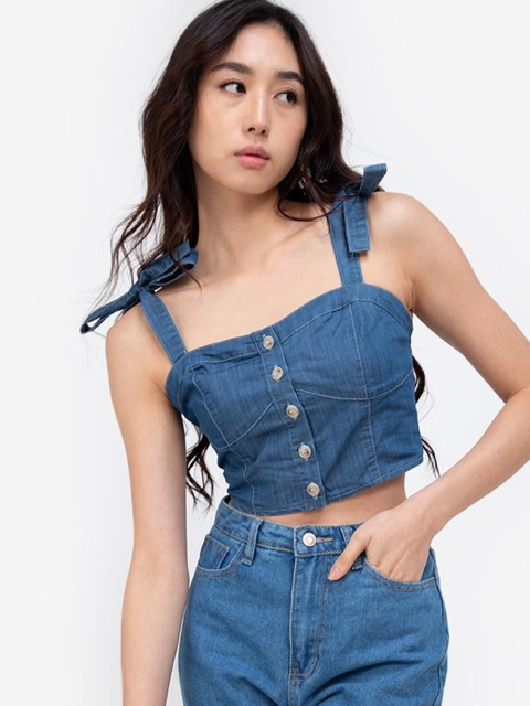 

ZALORA BASICS Blue Tie Shoulder Denim Crop Top