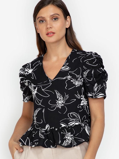 

ZALORA WORK Pink & White Floral Print Puff Sleeves Peplum Top