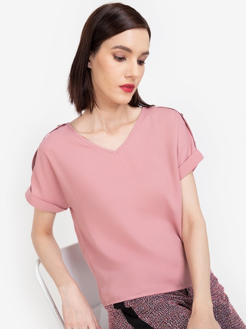 

ZALORA WORK Women Pink Solid Button Detail Rolled Up Sleeves Top