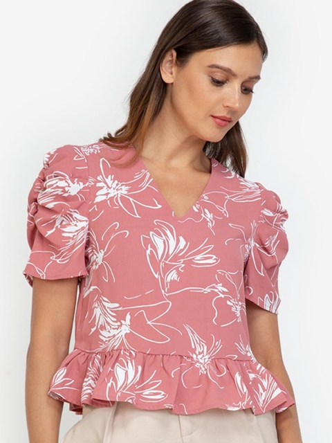 

ZALORA WORK Pink & White Floral Print Puff Sleeves Peplum Top