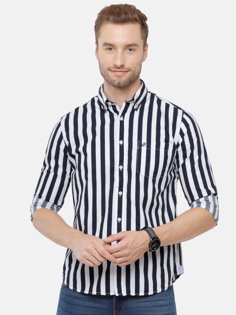 

Double Two Men Navy Blue Smart Striped Casual Shirt