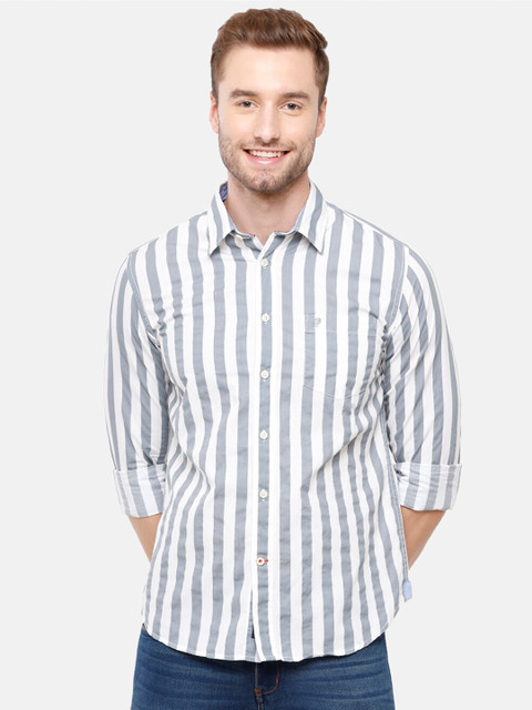 

Double Two Men Grey Smart Striped Casual Shirt