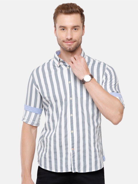 

Double Two Men Grey & White Smart Striped Pure Cotton Casual Shirt