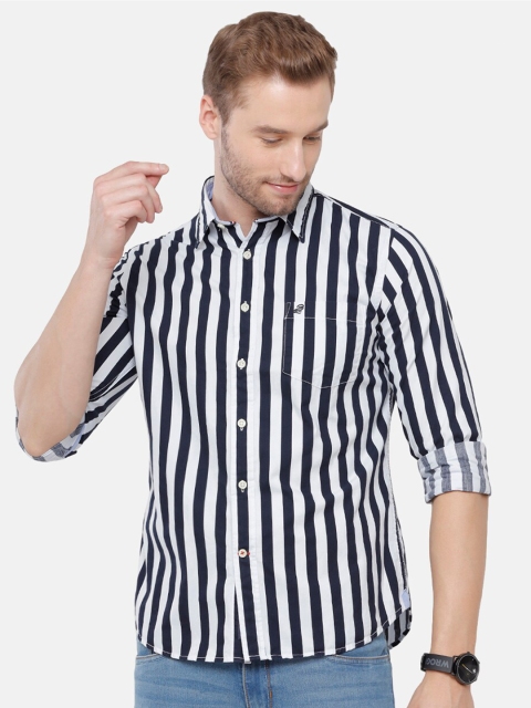 

Double Two Men Navy Blue Smart Striped Casual Shirt