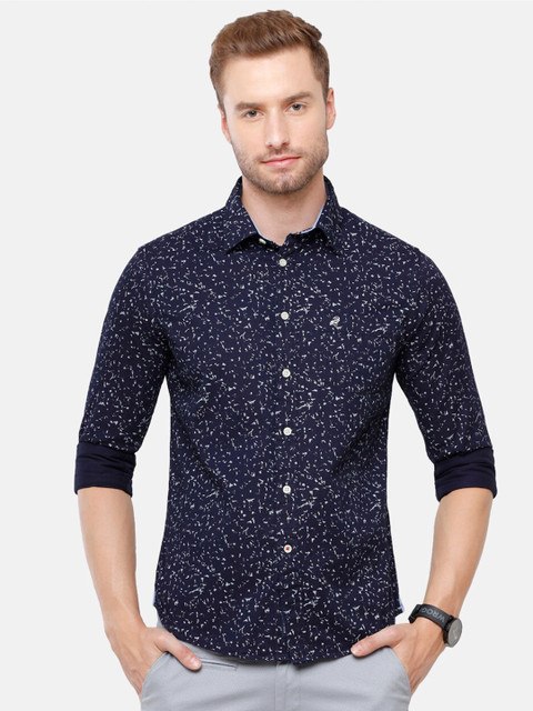 

Double Two Men Navy Blue Smart Floral Printed Casual Shirt