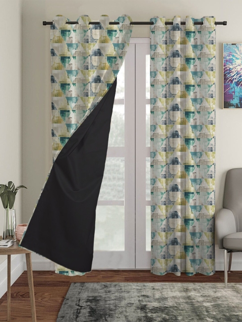 

HOUZZCODE Green Set Of 2 Abstract Printed Black Out Long Door Curtain, White