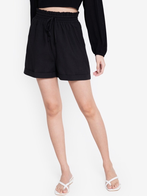 

ZALORA BASICS Women Black High-Rise Paperbag Cuff Hem Shorts