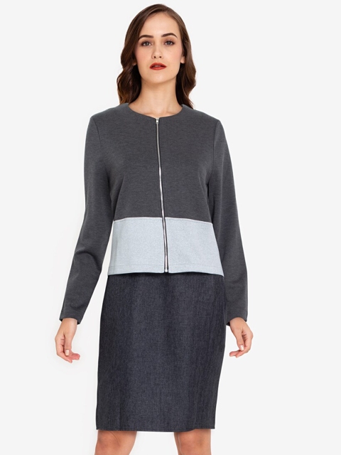 

ZALORA BASICS Women Grey & White Colourblocked Open Front Jacket