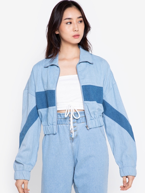 

ZALORA BASICS Women Blue Colourblocked Crop Denim Jacket