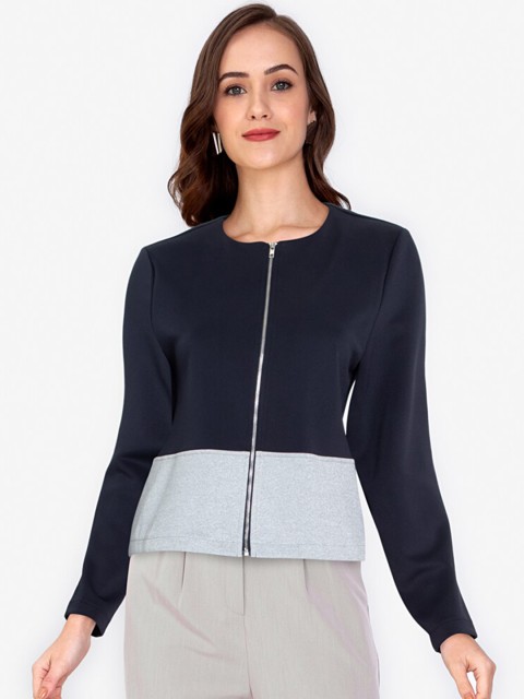 

ZALORA BASICS Women Navy Blue Grey Colourblocked Tailored Jacket