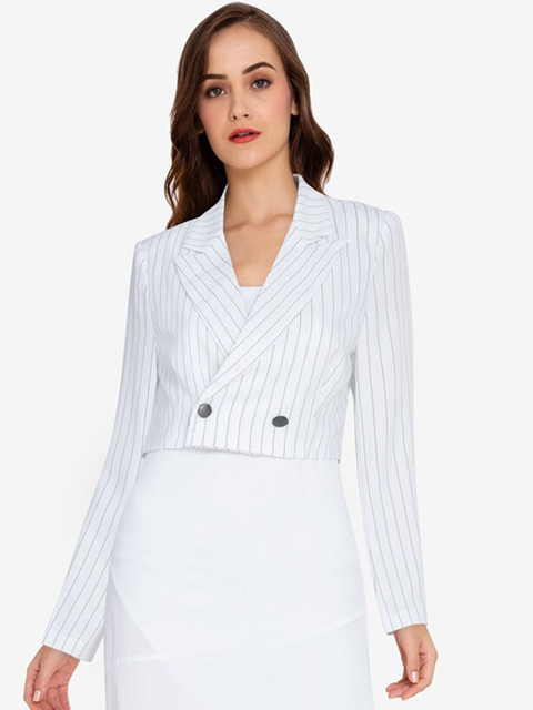 

ZALORA BASICS Women Blue Striped Crop Open Front Jacket