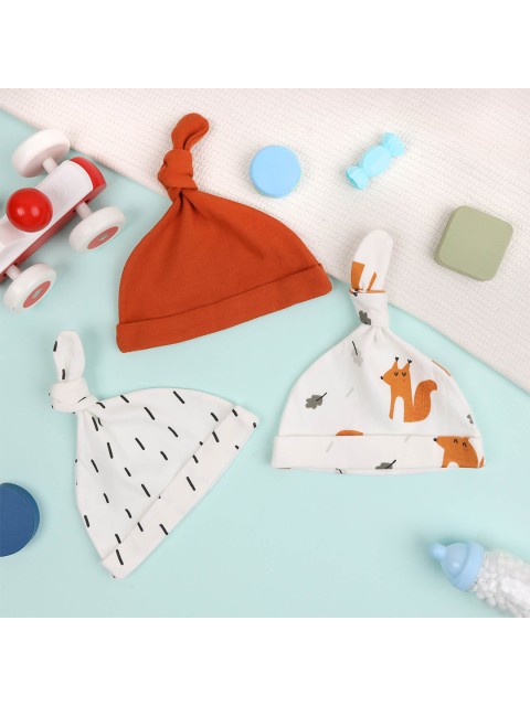 

KICKS & CRAWL Unisex Kids Pack of 3 Red, Orange & White Printed Beanie